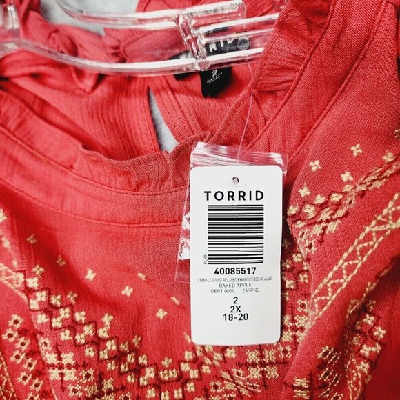 Torrid Top Womens Plus 2XL Tunic Peasant Coral Red Embroidered Boho Cottage NWT - Picture 4 of 9